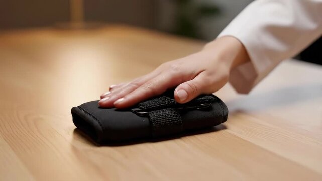 Black Device Handling: User Interaction on Wooden Surface. CTS Carpal tunnel syndrome
