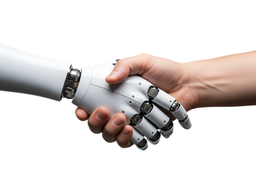 Human and robot hand shaking in agreement isolated on transparent background