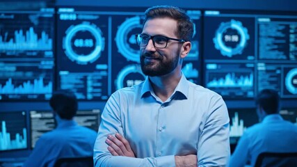 Bearded man with glasses smiles confidently, arms crossed. Screens with data displayed. People in background - Powered by Adobe