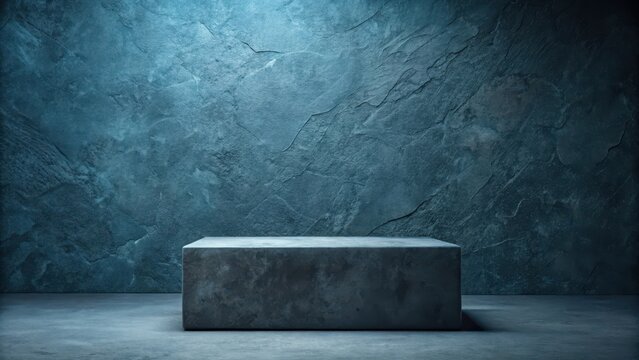 A solitary concrete block rests on a dark floor against a textured teal wall, ideal for product display or minimalist composition.