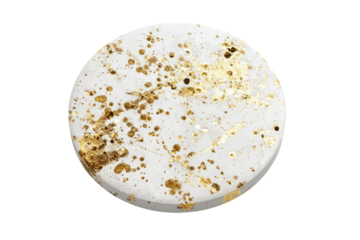 Round, white, marbled surface with gold flecks