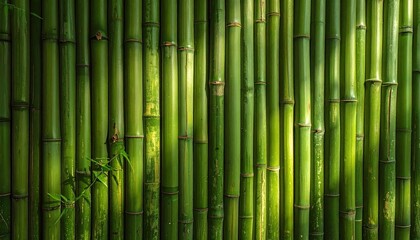 Fototapeta premium Tall Green Bamboo Wall With Sunlight Streaks And A Few Small Leaves In The Corner