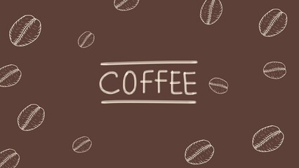 Brown Background with “COFFEE” Text and Scattered Coffee Beans Illustration