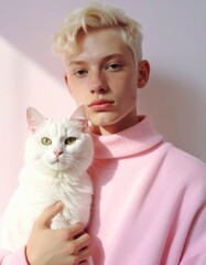 A young person in a pink sweater holds a white cat, both looking directly at the camera in a softly lit setting.