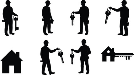  Construction worker silhouette, key exchange concept, toolbox icon, house symbol, black vector figures, property handover, real estate deal, security access illustration