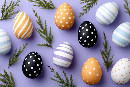 Colorful Easter eggs with patterns on purple background
