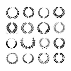 Set of black and white silhouette circular laurel foliate and wheat wreaths depicting award achievment