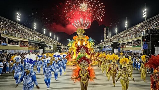 Spectacular Rio Carnival Parade with Dancers, Floats, and Fireworks at Night.
