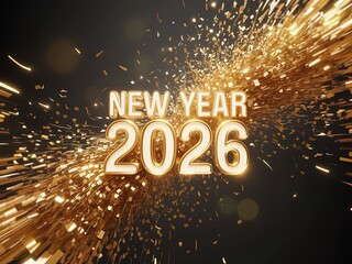 Celebrate the arrival of a brand new year 2026 with a dazzling explosion of golden particles and sparkling confetti announcing the festive occasion
