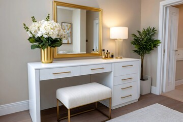 White dressing table vanity with mirror and storage