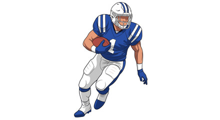 A muscular American football player in a blue uniform with white stripes running with a football.