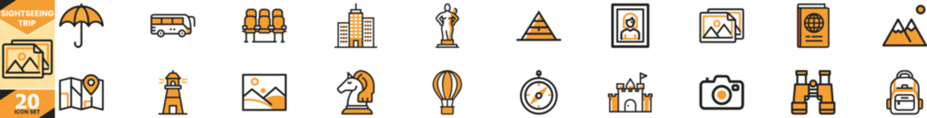 Collection of travel and sightseeing icons representing landmarks and activities vector