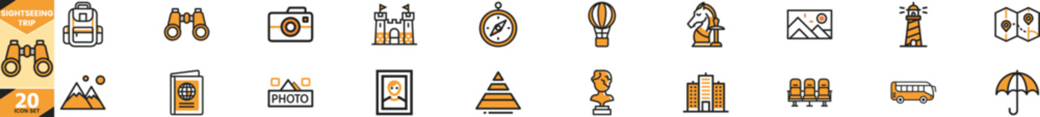 Sightseeing trip icon set featuring landmarks and travel elements vector