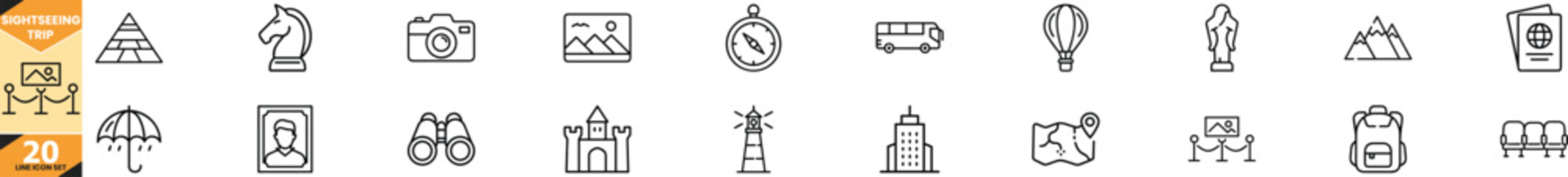 Sightseeing trip line icons set featuring landmarks travel tourism activities vector
