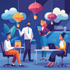 office employees exchanging colorful ideas in bubb.eps