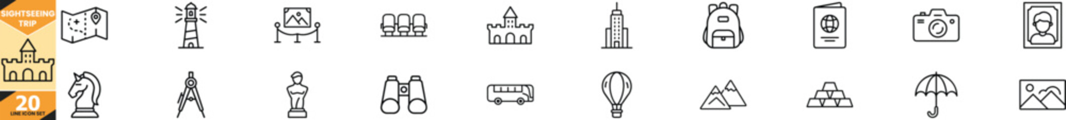 Set of sightseeing trip line icons for tourism and travel planning vector
