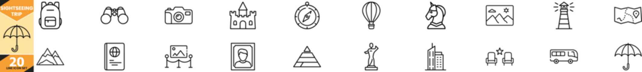 Sightseeing trip line icons representing travel activities landmarks and tourist destinations vector