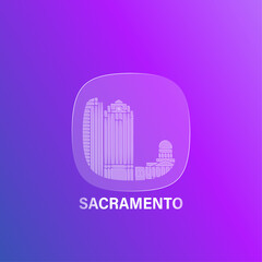 Fototapeta premium Sacramento, USA California state: icon and logo prototype with glass liquid effect. Flat emblem with shapes of landmarks. Concept for mobile app, sticker, web element