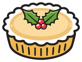 Cartoon illustration of a Christmas mince pie with a festive holly and berry garnish