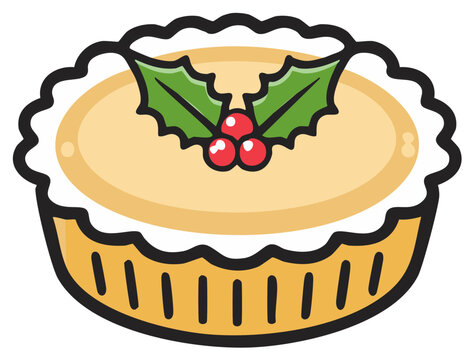 Cartoon illustration of a Christmas mince pie with a festive holly and berry garnish
