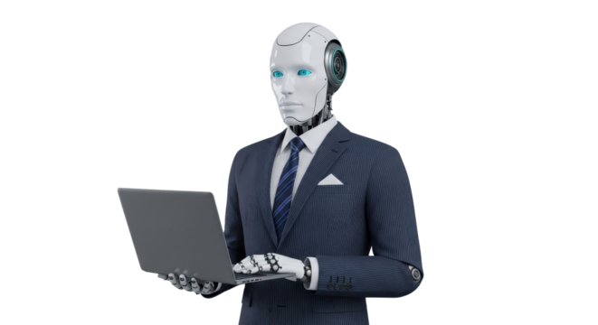 Professional AI robot businessman using a laptop for future technology and automation concepts. isolated PNG with Transparent Background