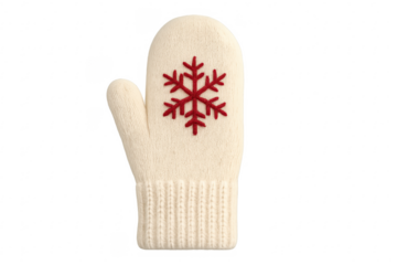 Knitted white mitten with red snowflake pattern