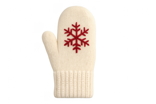 Knitted white mitten with red snowflake pattern