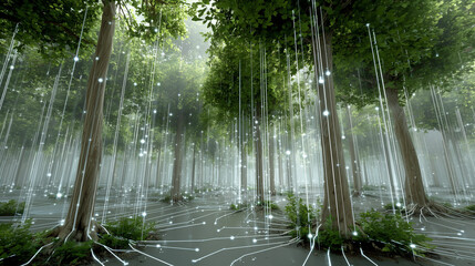 Digital Forest: Tree Roots Connected by a Glowing Network of Data Lines