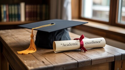 A graduation cap and diploma sit on a wooden desk in a library signifying academic achievement and educational success