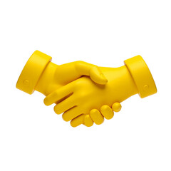 Yellow handshake agreement partnership concept symbolizes trust, cooperation, business deal, unity, and successful collaboration on a white background.