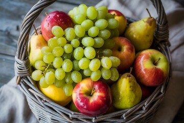 A Woven Basket Overflowing With A Bountiful Assortment Of Fresh Ripe Fruits Including Crisp Apples Juicy Pears And Luscious Green Grapes Presented On A Rustic Wooden Surface With A Soft Cloth