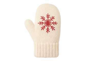 White knitted mitten with red snowflake design