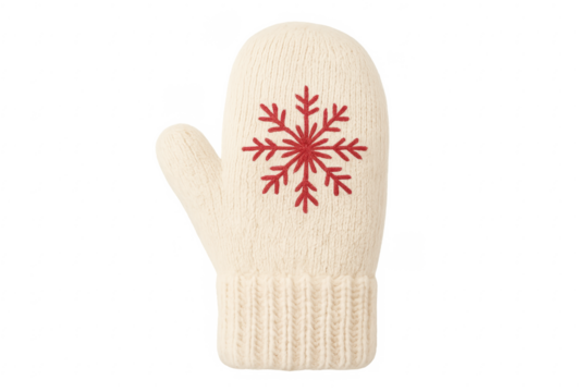 White knitted mitten with red snowflake design