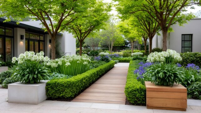 Fototapeta Modern garden design featuring alliums, boxwood hedges, and wooden walkway