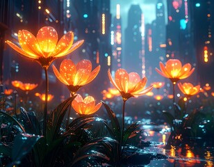 Glowing floral arrangement glows against a futuristic cityscape at night