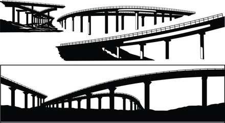 Elevated highway silhouette, bridge structures, urban overpass design, infrastructure engineering, black vector illustration, editable stock content for architecture, planning, and civil construction