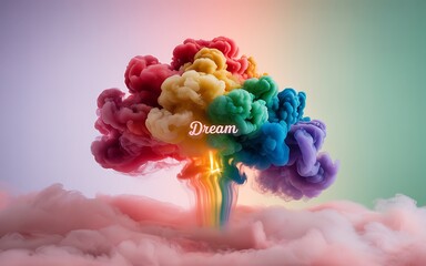 A Vibrant Explosion of Rainbow Colored Smoke Forming a Cloud Shape with the Word Dream Written in the Center Against a Soft Gradient Background