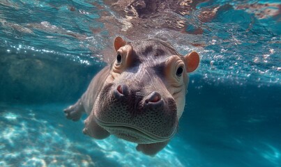 a baby hippopotamus swimming underwater. 