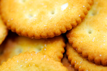 Close up group of cracker texture background, Natural flavor biscuit backdrop, Macro crunchy cracker