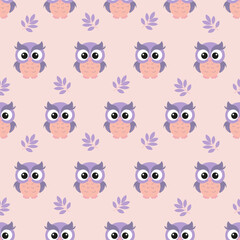 Seamless pattern with cute owls and leaves.