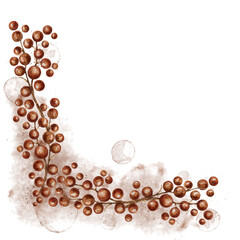 Watercolor Red Berries Corner Frame with soft watercolor spots background. Rustic Botanical Border Illustration