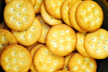 Close up group of cracker texture background, Natural flavor biscuit backdrop, Macro crunchy cracker