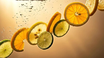 Lemon Lime and Orange Slices Suspended in Water with Golden Backlight Refreshing Citrus Fruits in Motion Health and Wellness Beverage Advertisement Freshness and Hydration concept