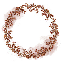 Watercolor Red with Golden Accents Berry Wreath with Soft Watercolor Splashes. Rustic Autumn Botanical Circle Frame