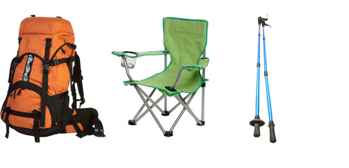 Camping bag With Chair With Stick Hiking Backpack with Rolled Sleeping Bag, Side PNG Travel bag...