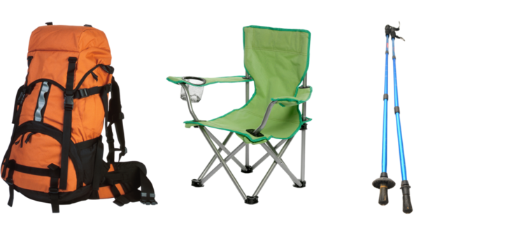 Camping bag With Chair With Stick Hiking Backpack with Rolled Sleeping Bag, Side PNG Travel bag with attached neck pillow Transparent background, PNG file Vintage Backpack In Halftone