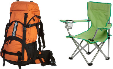 Camping bag With Chair Hiking Backpack with Rolled Sleeping Bag, Side PNG Travel bag with attached...
