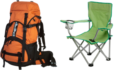 Camping bag With Chair Hiking Backpack with Rolled Sleeping Bag, Side PNG Travel bag with attached neck pillow Transparent background, PNG file Vintage Backpack In Halftone