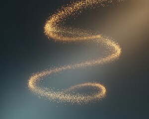 Golden sparkling dust particles swirling in a gentle spiral motion against a dark ethereal background with subtle atmospheric lighting and bokeh effects creating a magical luminous trail