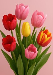 Obraz premium Vibrant tulips against pink background.